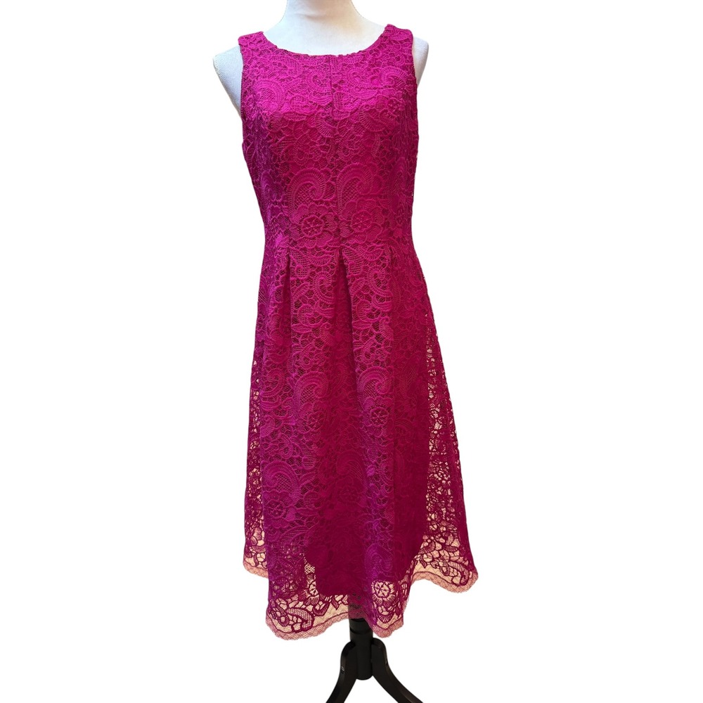 Nine West Lace Dress Womens 6 Pink Fuchsia Sleeveless Floral Midi Pleated A-Line